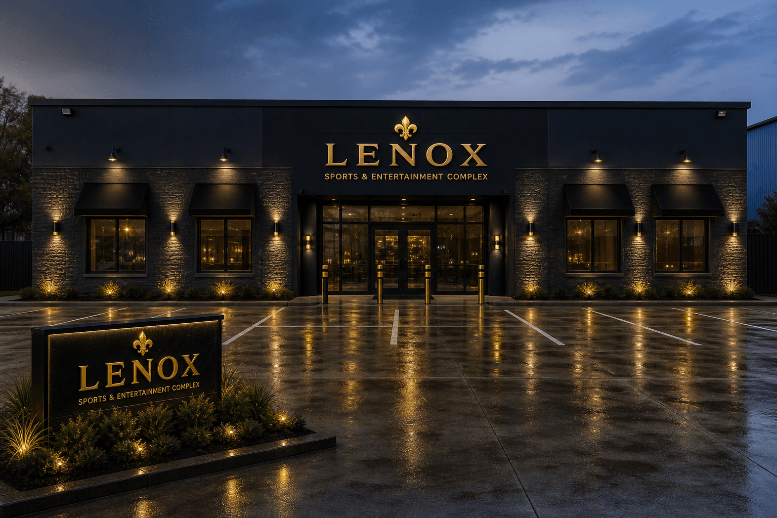 LENOX front exterior — luxury black, charcoal, and gold
