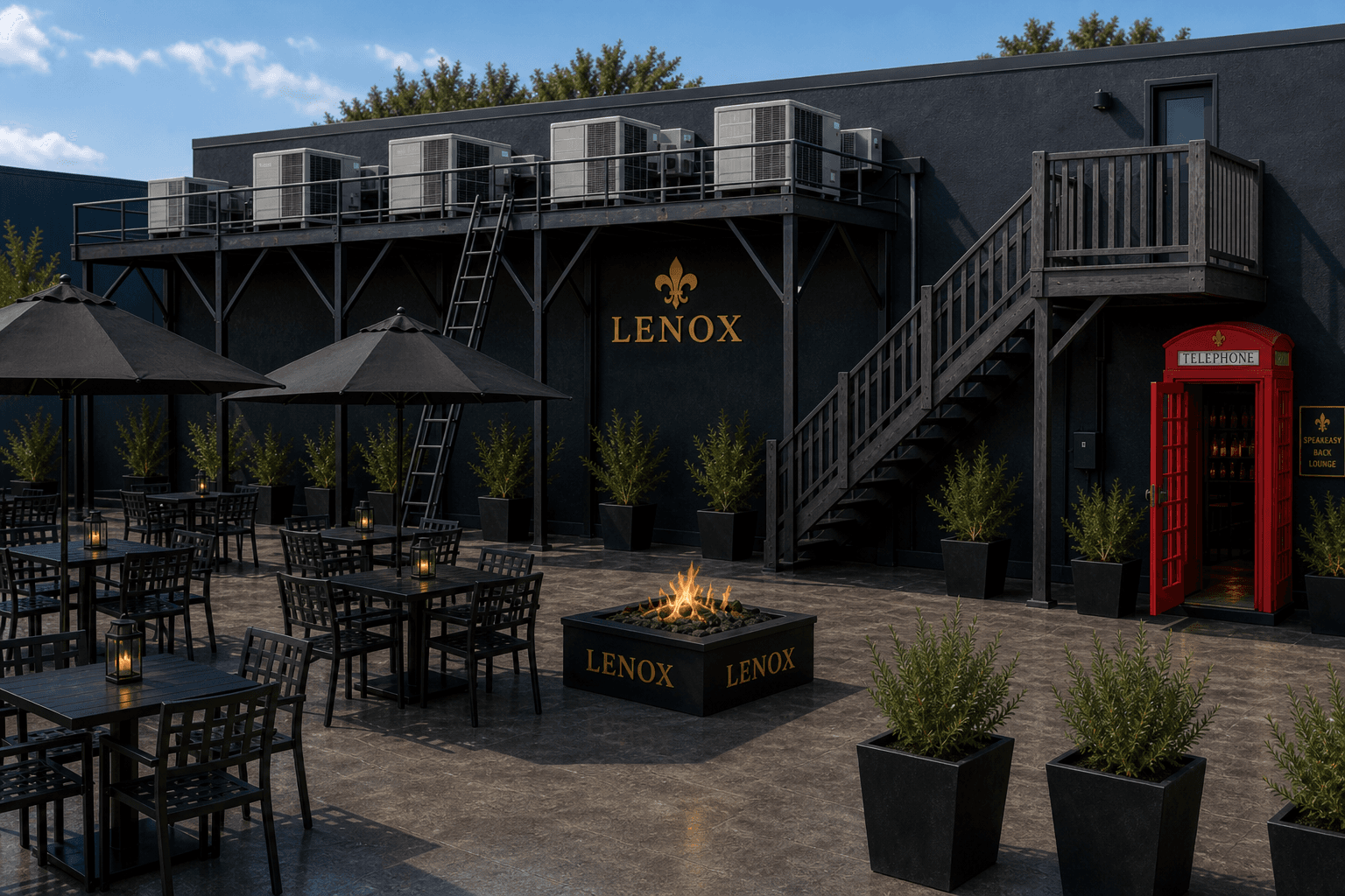 Day · open patio + umbrellas