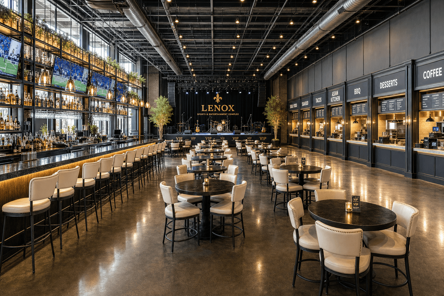Daytime lit LENOX main room with Crave stalls and stage
